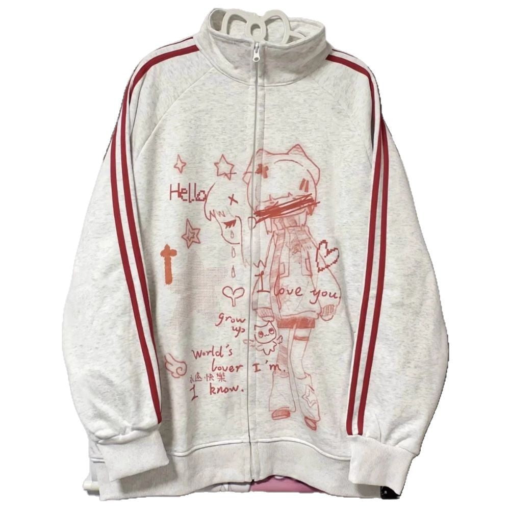Gestreifter Anime-Print Hoodie mit Reissverschluss