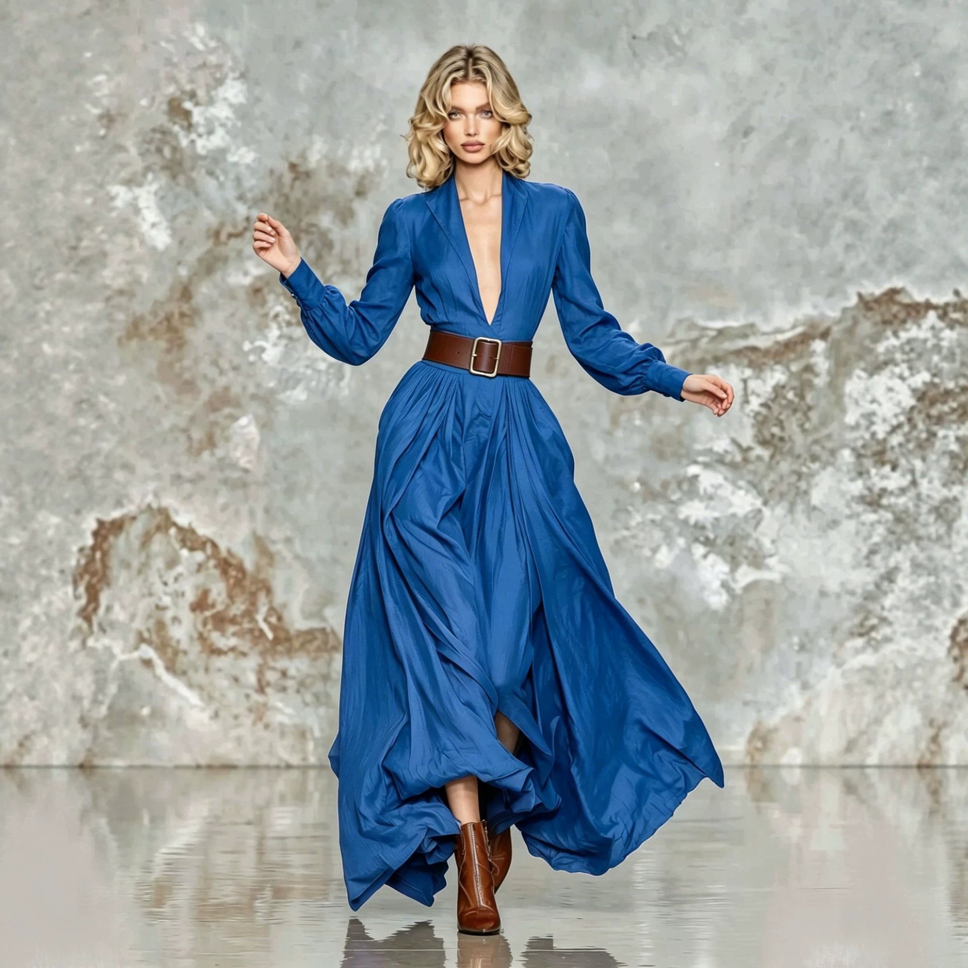 Maxi-Kleid «Aria» · Langarm, tailliert mit Gürtel