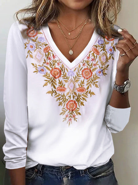 V-Neck Langarm-Pullover mit lockerem Print