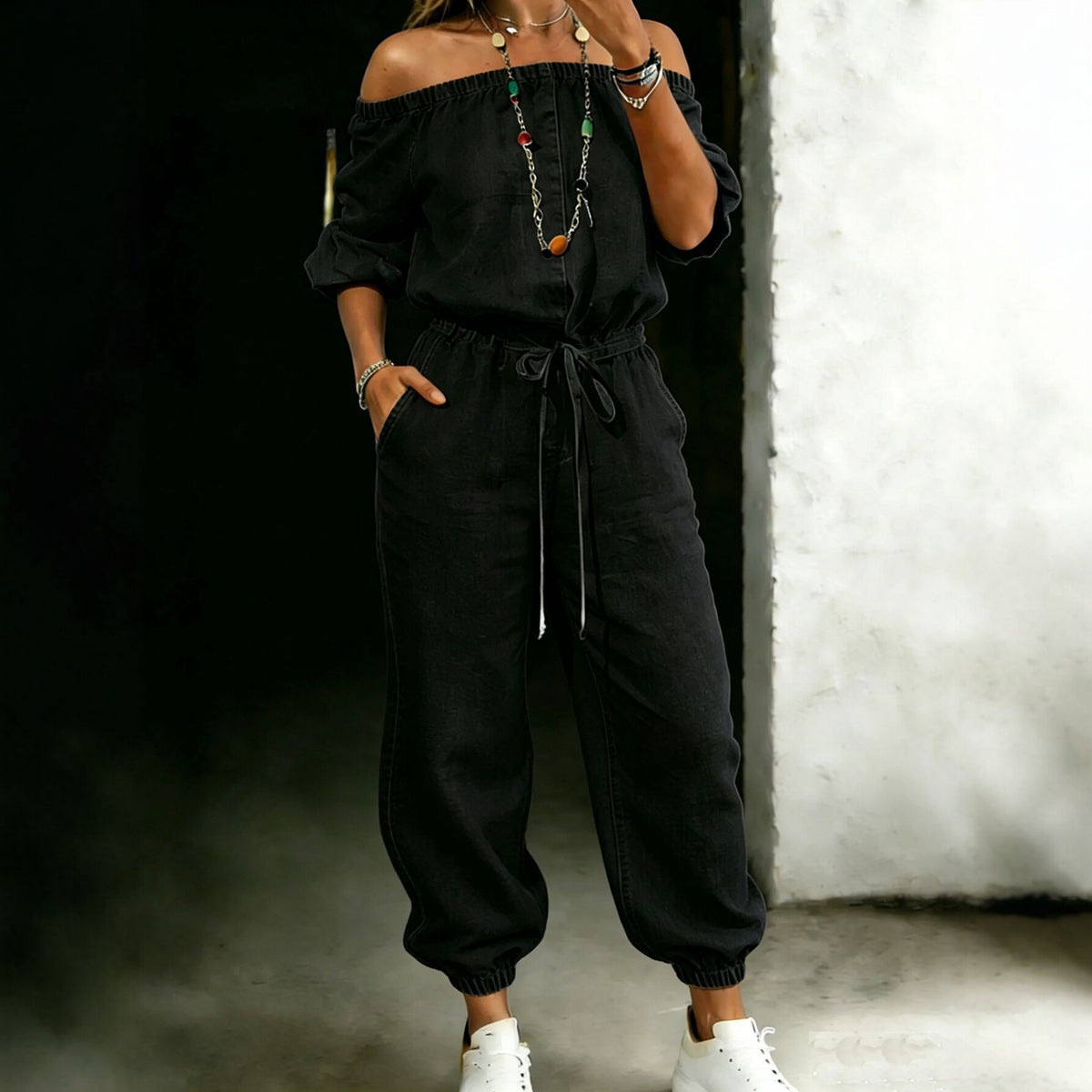 Denim Jumpsuit schulterfrei mit Bindebändern – Bild 1 | LuxeStyle