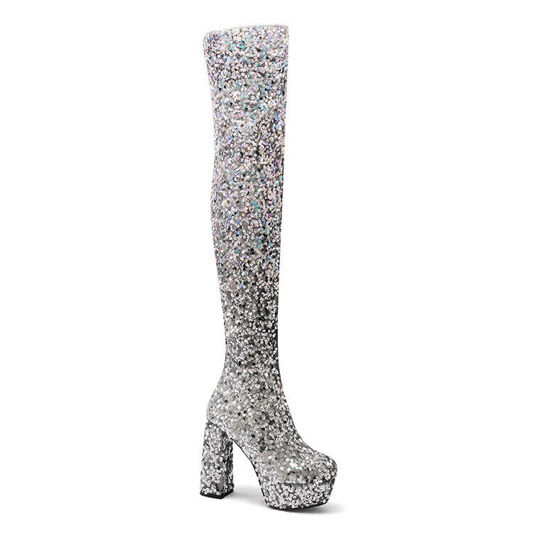 Sequen-Schuhe mit Stilettoabsatz, Überknie