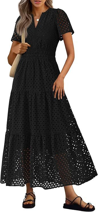 Kurzes V-Neck Kleid mit Lochstickerei – Bild 13 | LuxeStyle