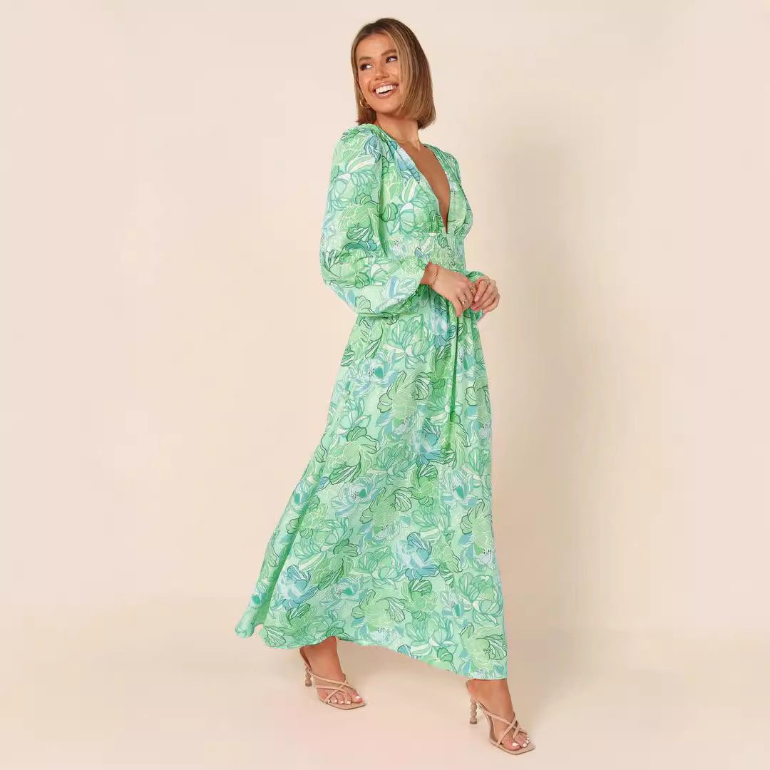 Bedrucktes rückenfreies V-Ausschnitt Langarm-Kleid – Bild 6 | LuxeStyle