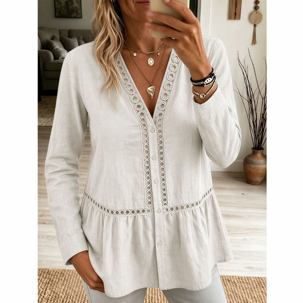 Casual Einfarbiges Langarm-Shirt mit Spitzendesign