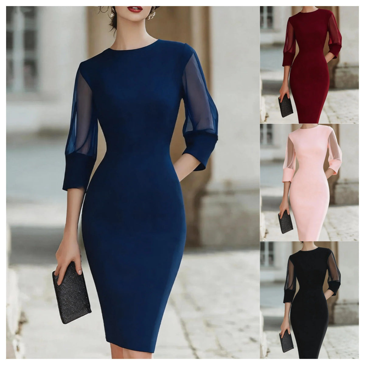Elegantes Mesh-Panel Kleid mit 3/4-Ärmeln – Bild 4 | LuxeStyle