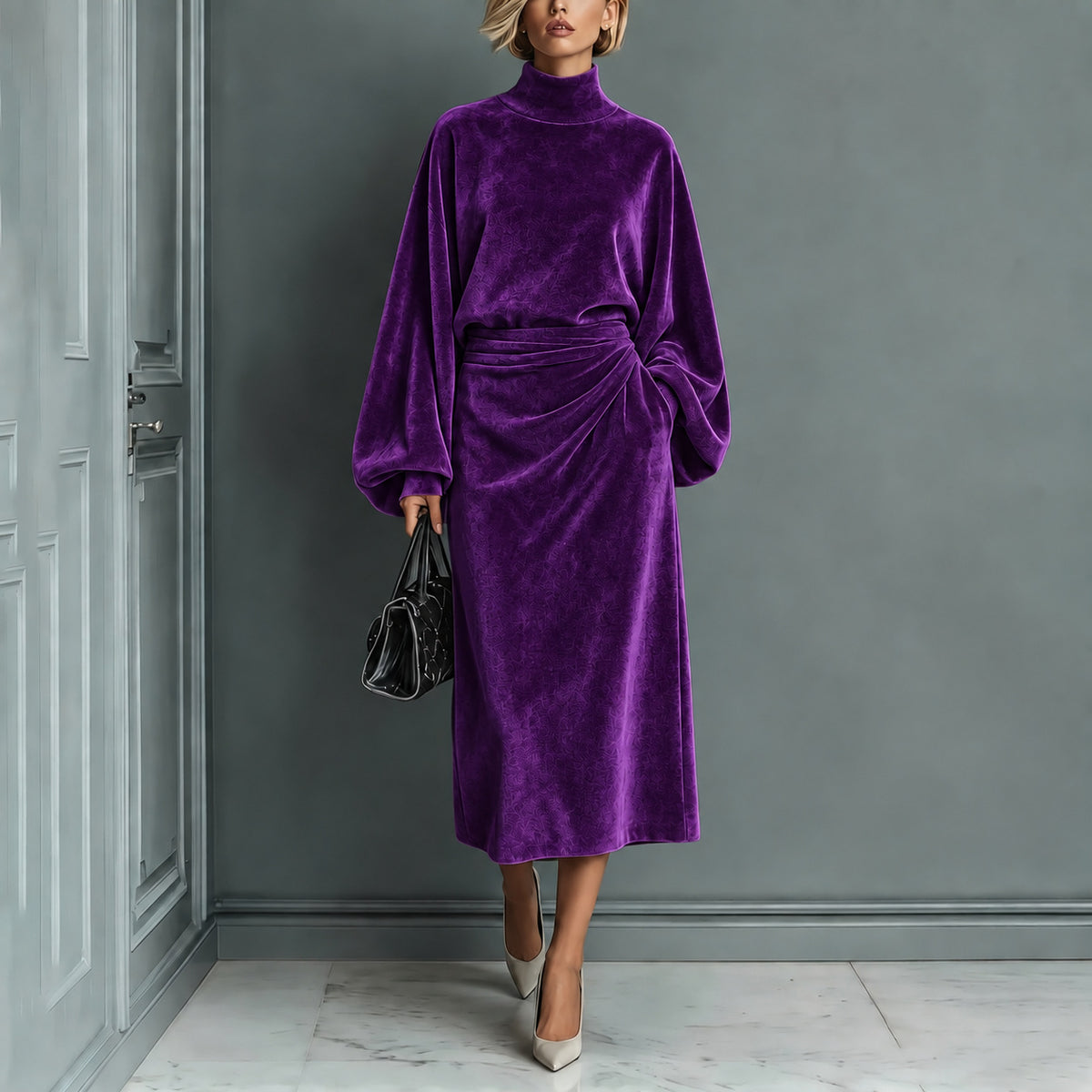 Langärmliges Rollkragenkleid mit A-Linen Rock | LuxeStyle