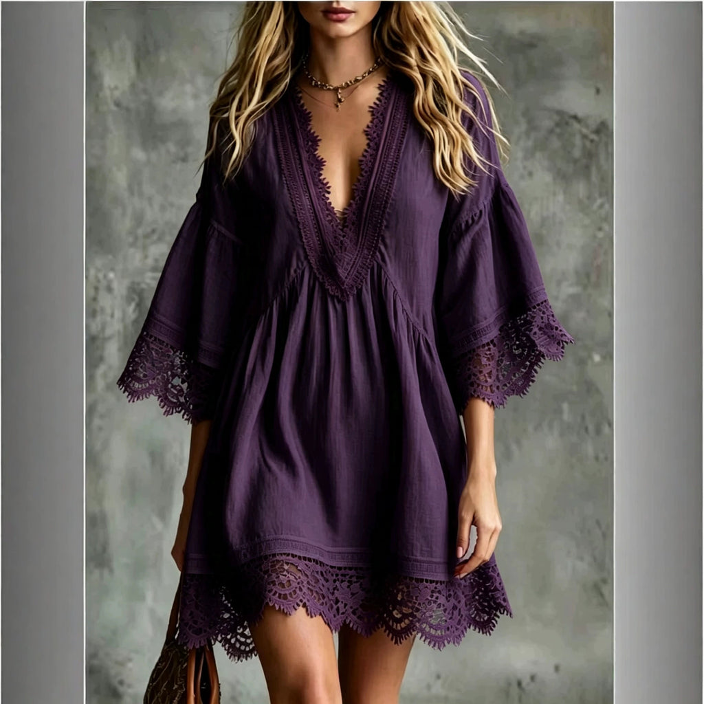 Elegantes Midi-Kleid mit V-Ausschnitt & Spitze
