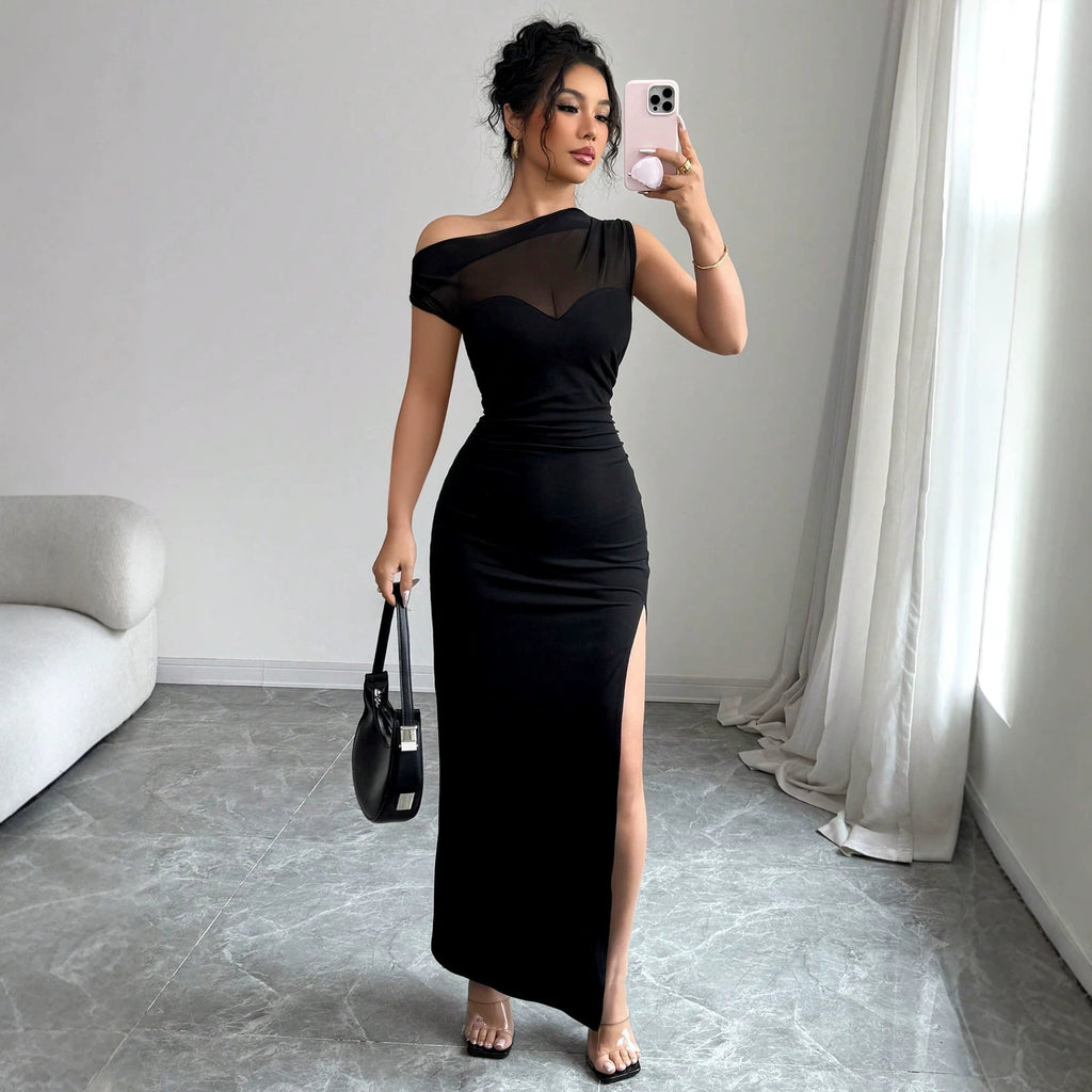 Schwarzes Off-Shoulder Spliced Kleid – Bild 4 | LuxeStyle