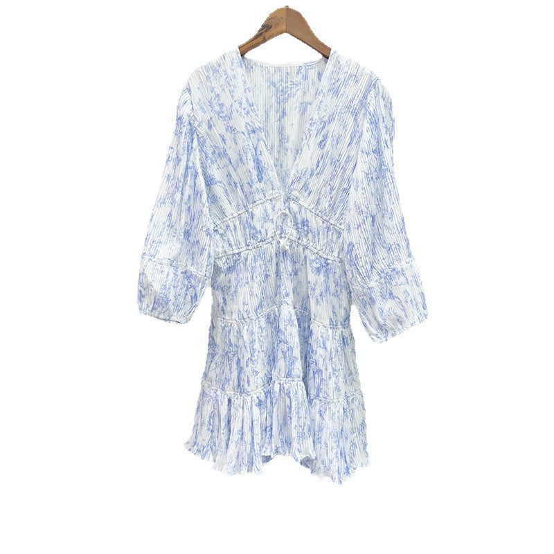 Bedrucktes V-Ausschnitt Kleid mit Puffärmeln – Bild 5 | LuxeStyle