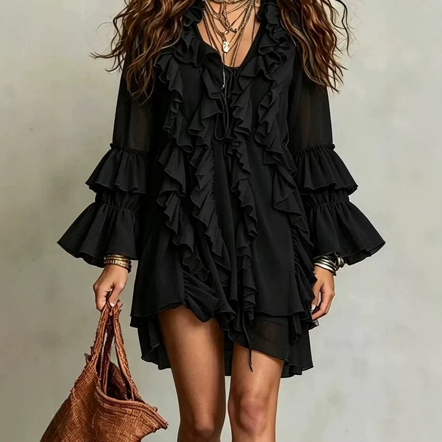 Chiffonkleid mit V-Ausschnitt und Rüschenärmeln