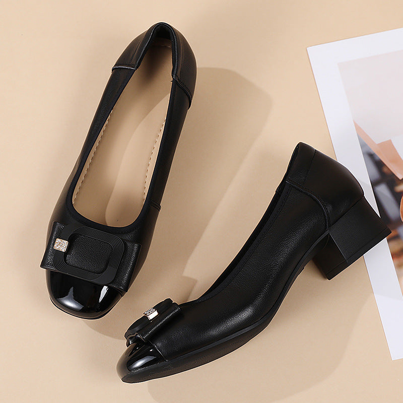 Schleife Quadratische Spitze Niedriger Absatz Slip-On Pumps Vollleder