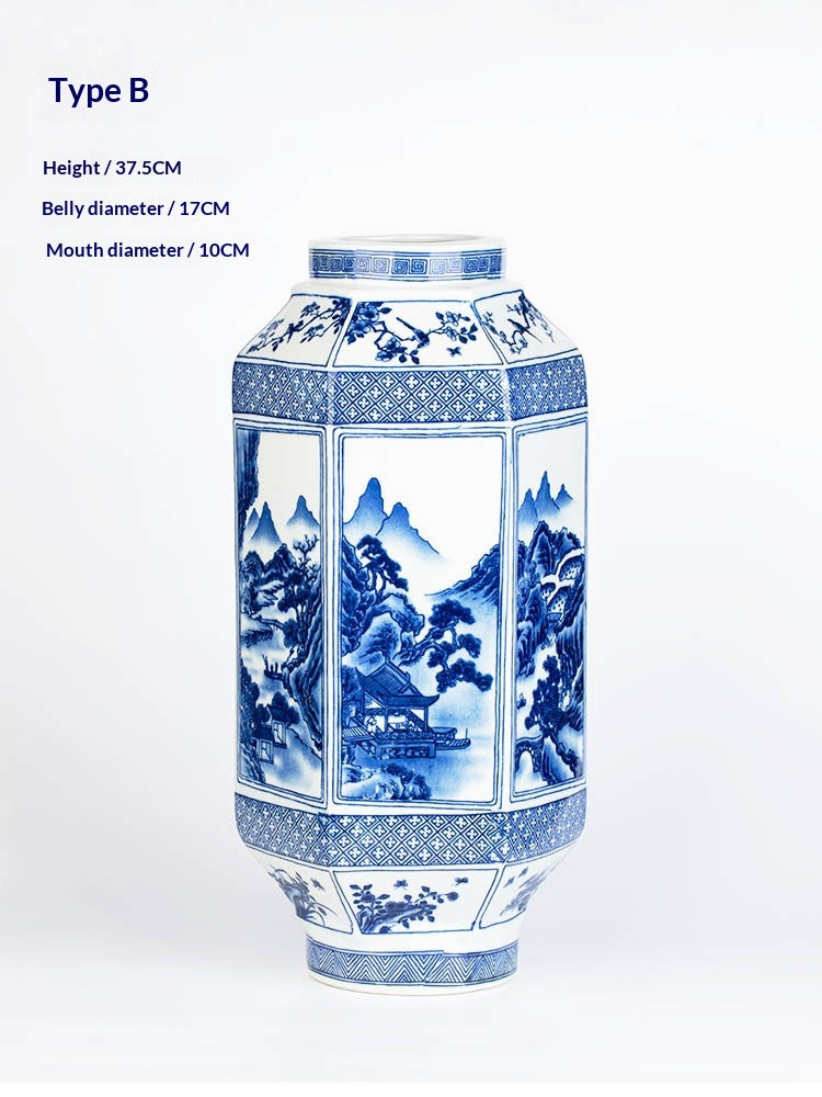 Hexagonale blau-weisse Keramikvase