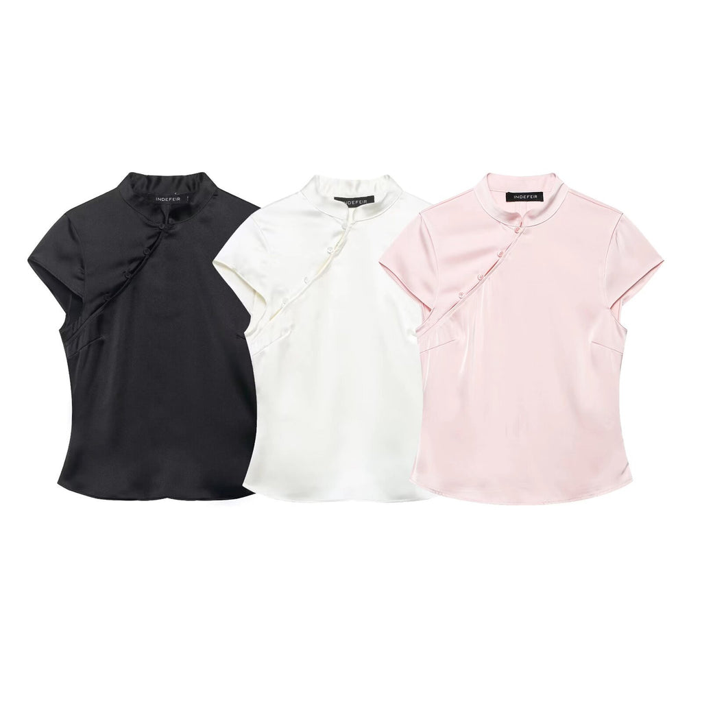 Satin-Top im China-Stil mit Mandarinkragen