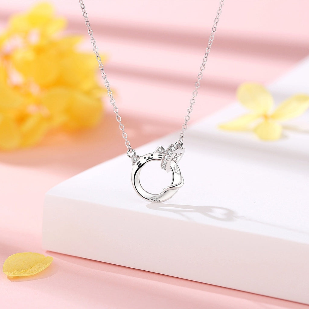 Lucky Cat Doppelring Kette aus 925er Silber für Damen