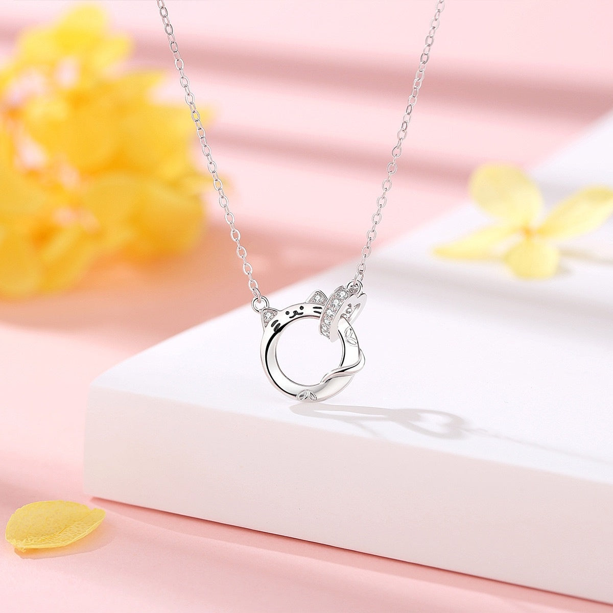 Lucky Cat Doppelring Kette aus 925er Silber für Damen