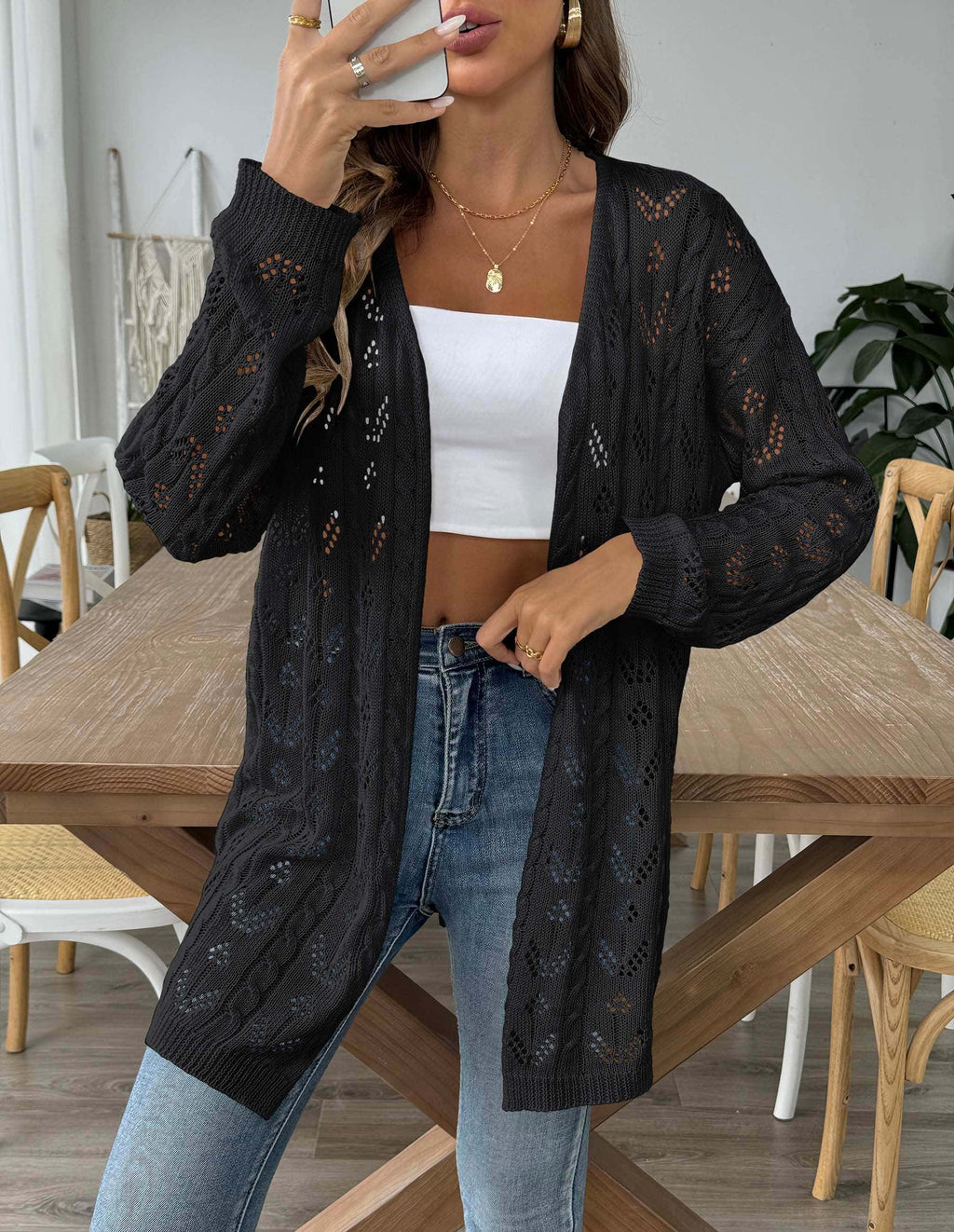 Luftiger Strick-Cardigan mit Lochmuster