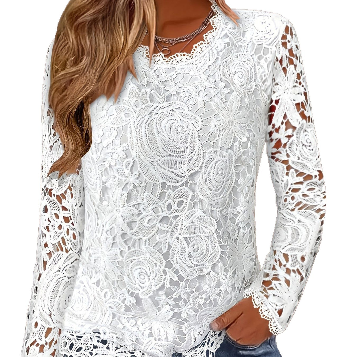 Vintage Langarm-Spitzentop mit Rundhals – Bild 6 | LuxeStyle