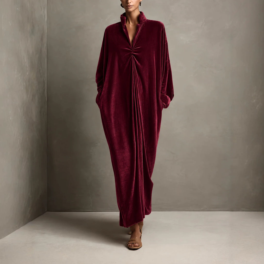 Mandarinkragen-Langkleid mit Goldsamt – Bild 3 | LuxeStyle