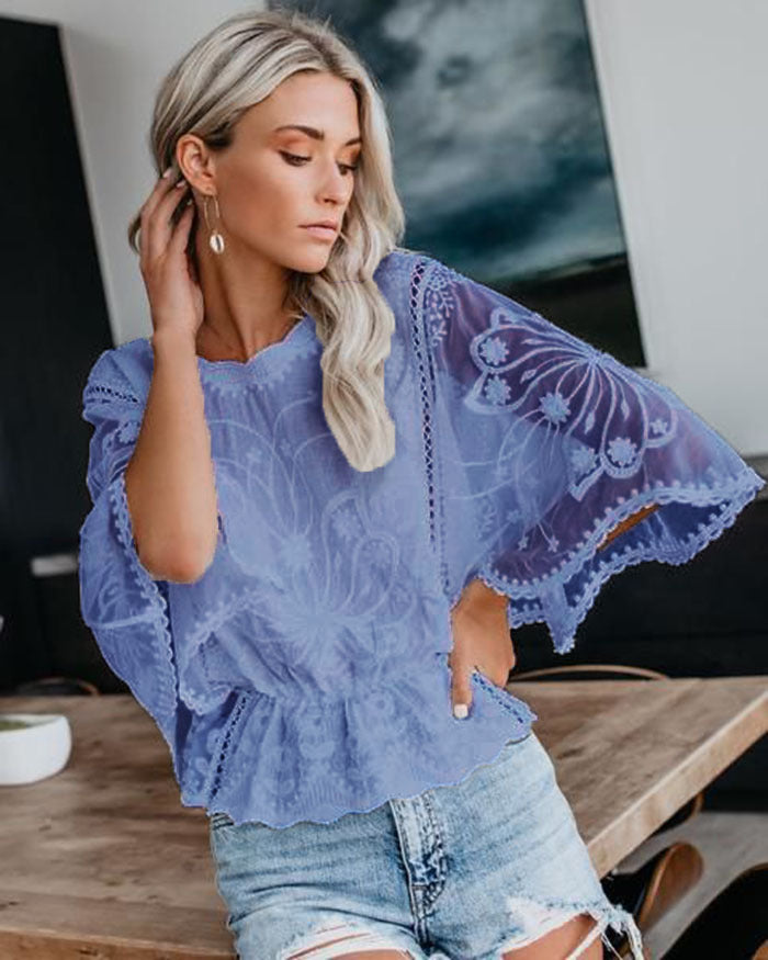 Damen Oberteil mit Spitze und Fledermausärmeln – Bild 3 | LuxeStyle