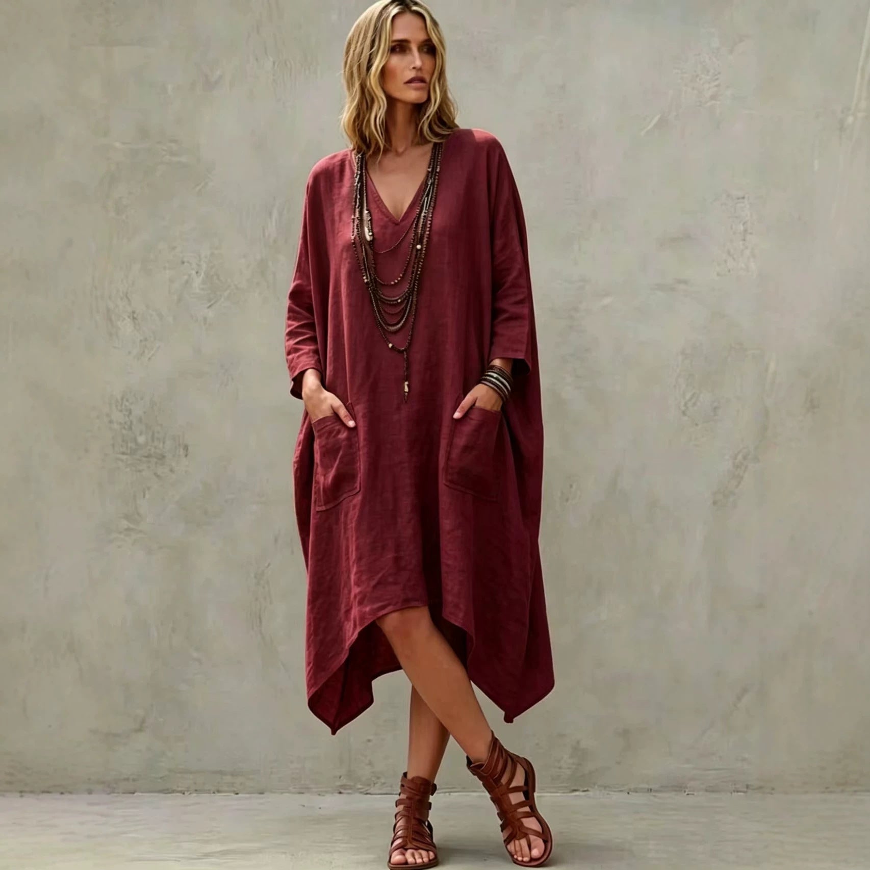 Lässiges V-Neck 3/4-Arm Kleid