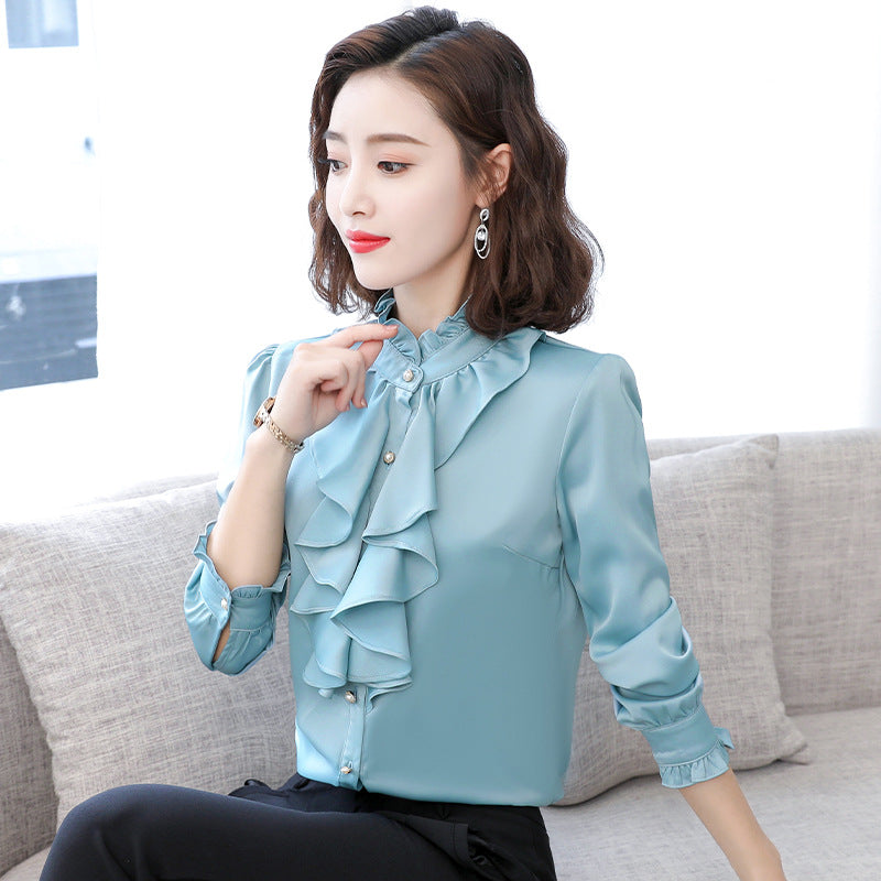 Langarm-Chiffonbluse mit Stehkragen und Rüschen – Bild 3 | LuxeStyle