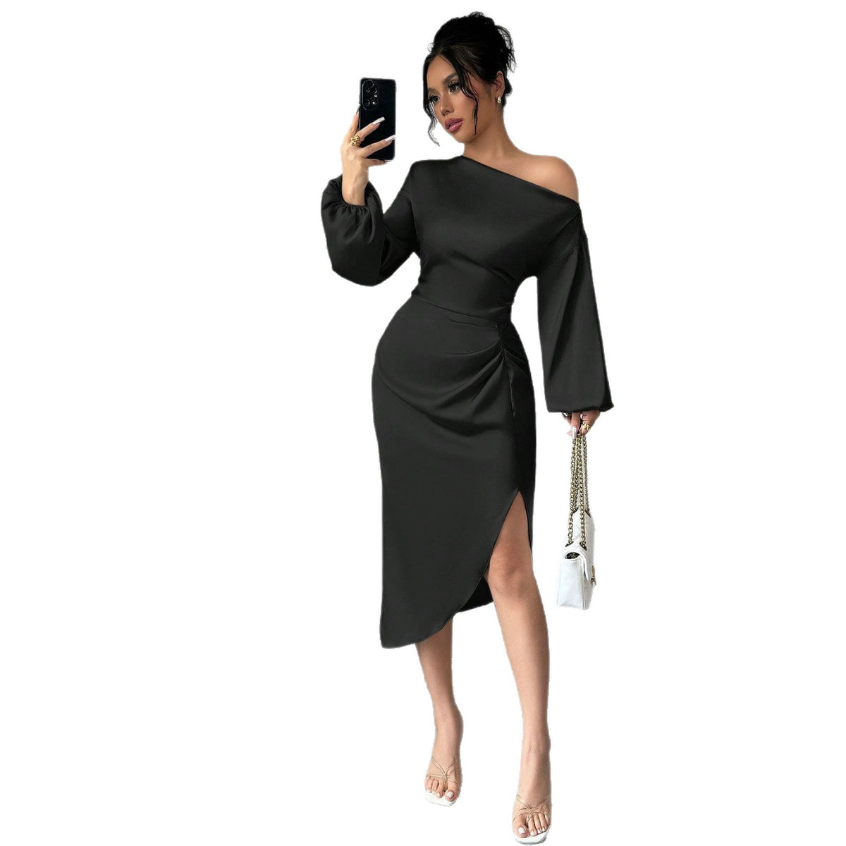 Elegantes Off-Shoulder Midi-Kleid mit Puffärmeln – Bild 5 | LuxeStyle