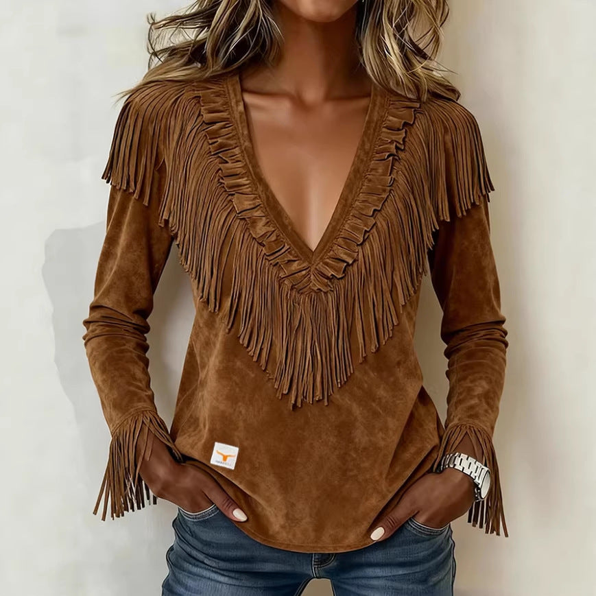 Damenbluse aus Wildlederimitat mit V-Ausschnitt – Bild 9 | LuxeStyle