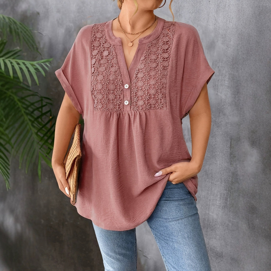 Elegantes Kurzarm-Top mit V-Ausschnitt und Spitze