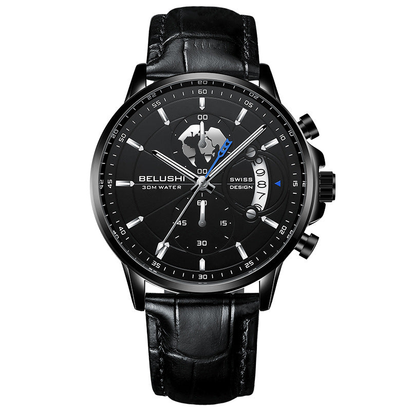 Business Herrenuhr mit Leuchtzeigern und Lederarmband