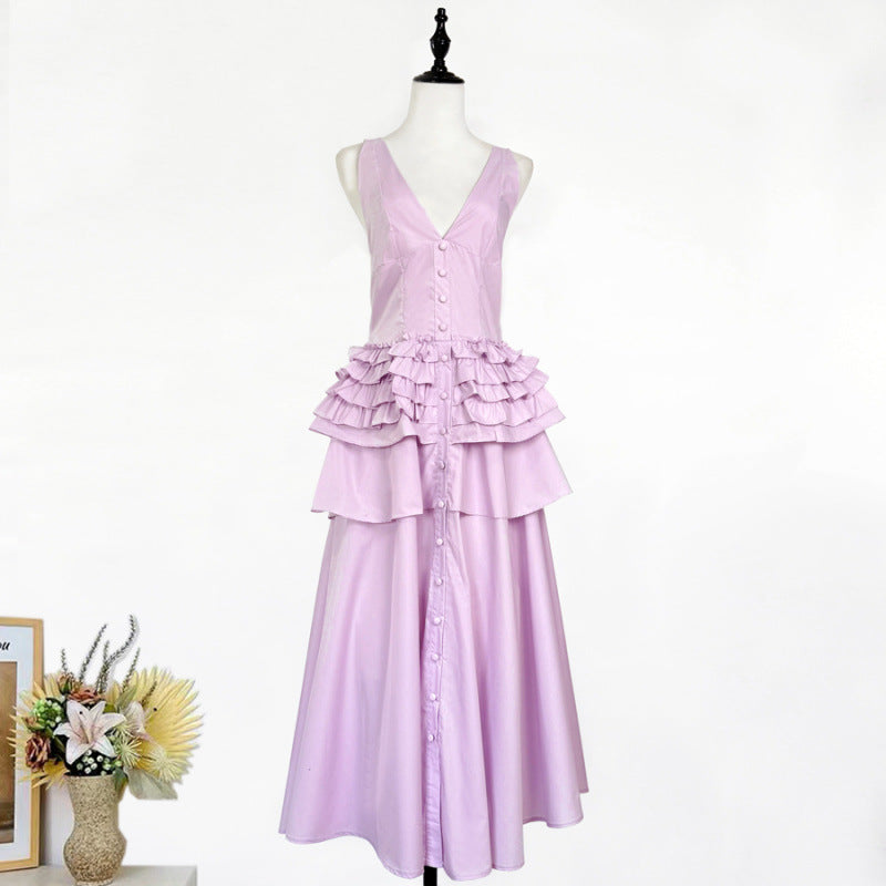 Retro-Stil Halter-Ausschnitt Rüschentier-Midi-Kleid – Bild 3 | LuxeStyle