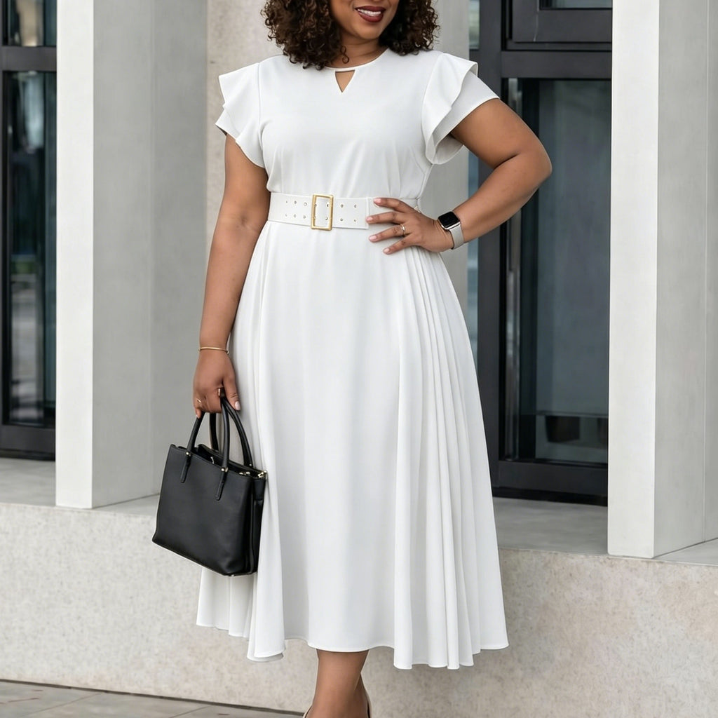 Midi-Plisseekleid mit Rüschenärmeln und Gürtel
