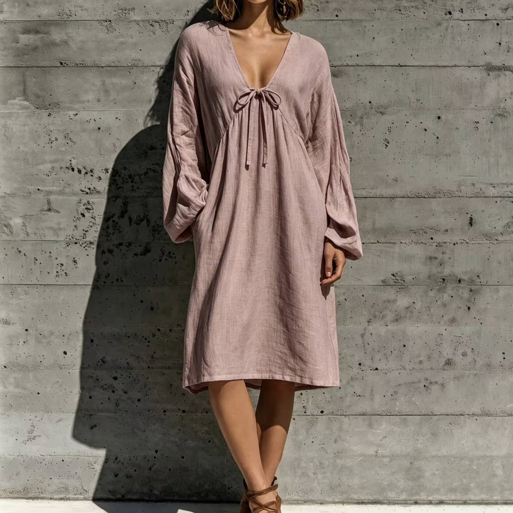 V-Ausschnitt Schnürkleid aus Baumwoll-Leinen