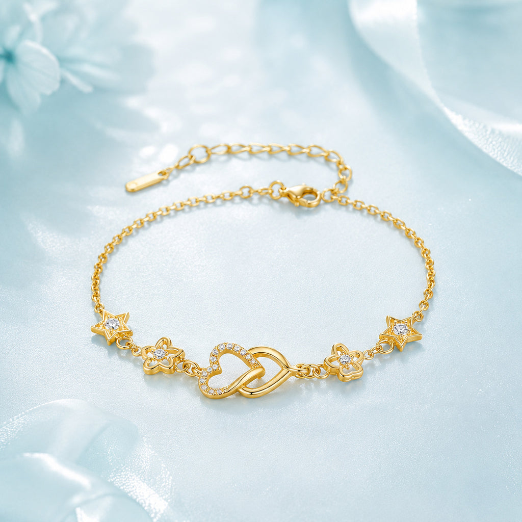 S925 Silber Armband mit Stern- und Herz-Motiv