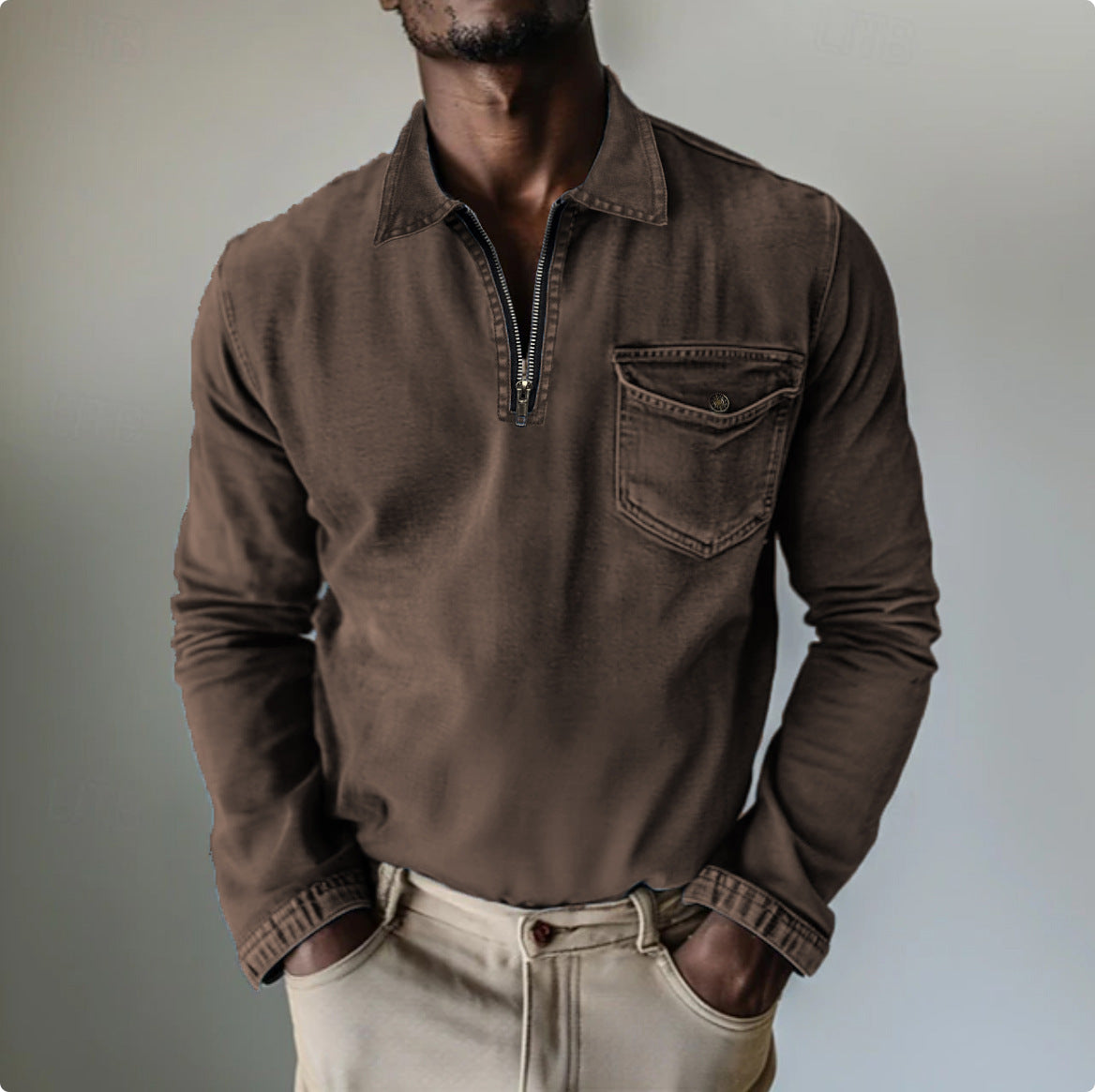 Herren Denim Langarmshirt mit halbem Reissverschluss