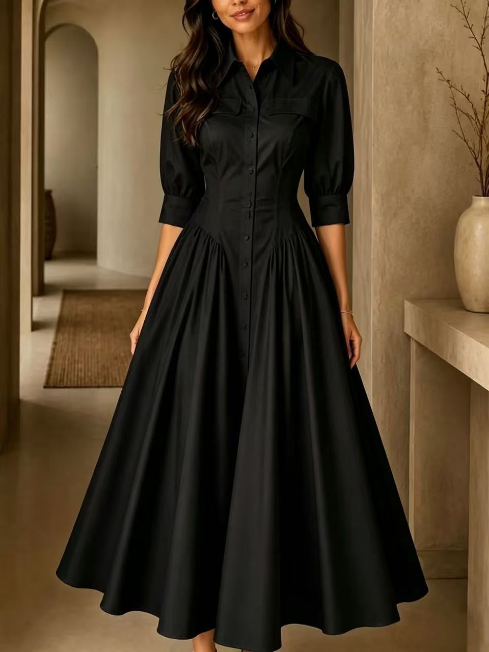 Elegantes Baumwoll-Leinen-Kleid mit hohem Bund – Bild 3 | LuxeStyle