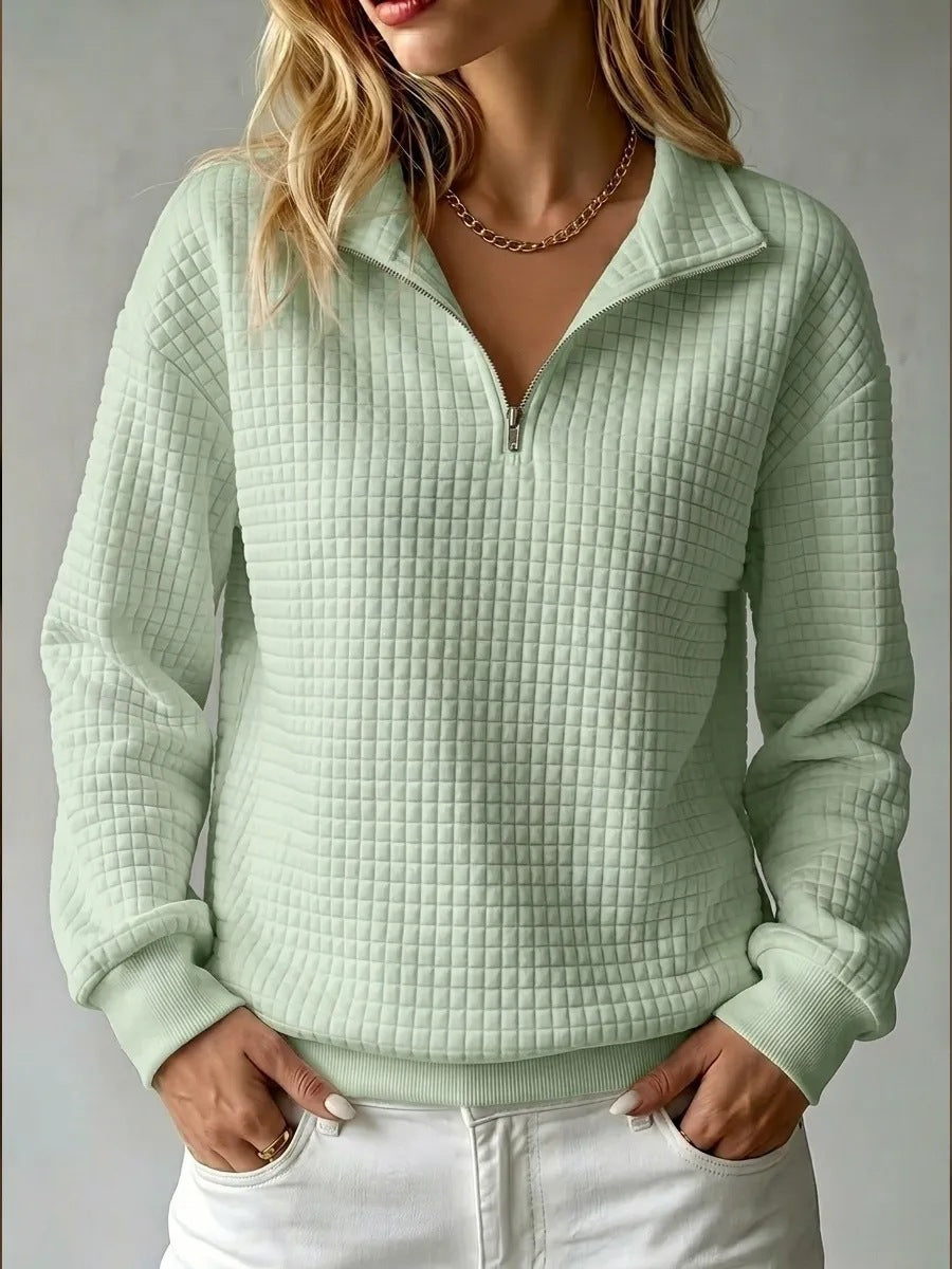 Lässiger Waffelstrick-Stehkragen-Pullover mit Reissverschluss