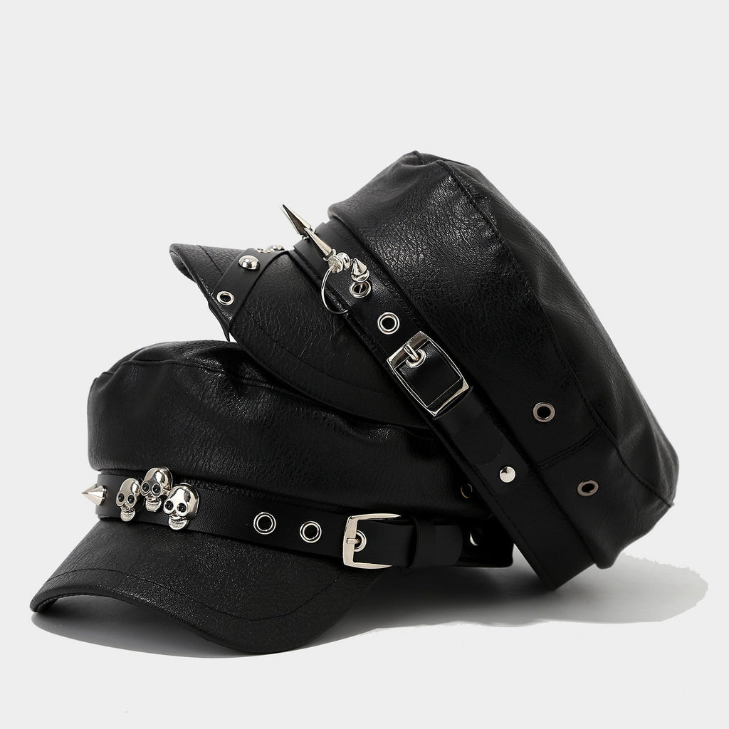 PU-Leder Newsboy Cap mit Totenkopf-Nieten