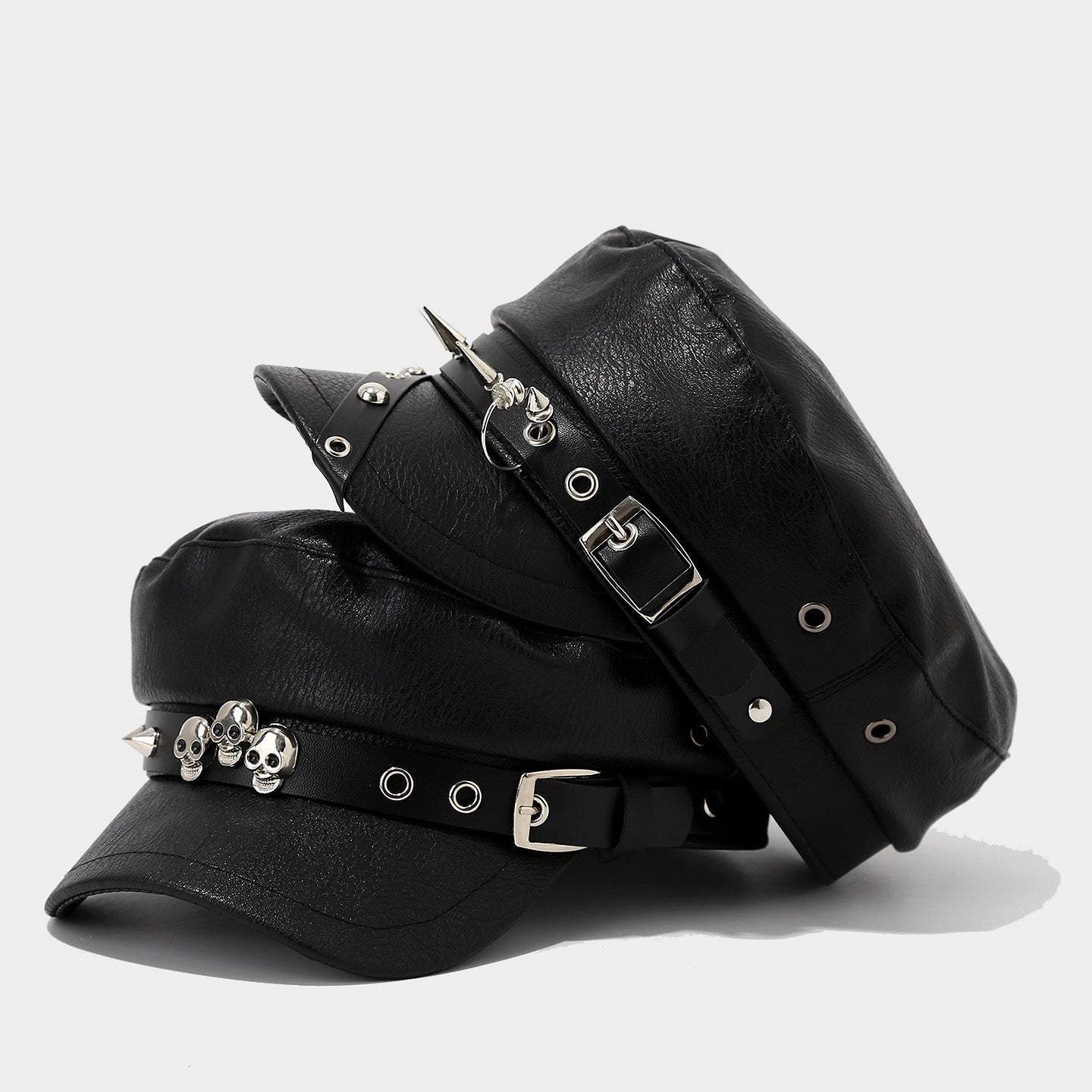 PU-Leder Newsboy Cap mit Totenkopf-Nieten