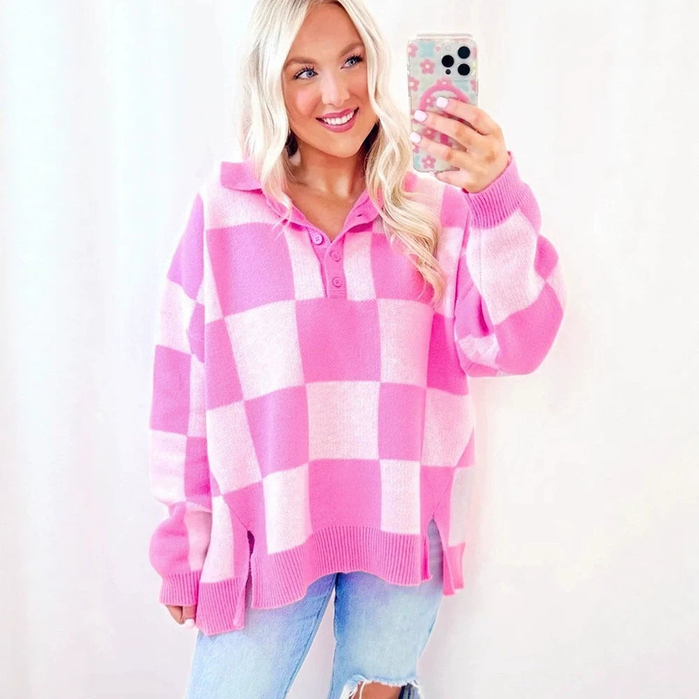 Halb-Knopf Pullover mit Patchwork-Karo