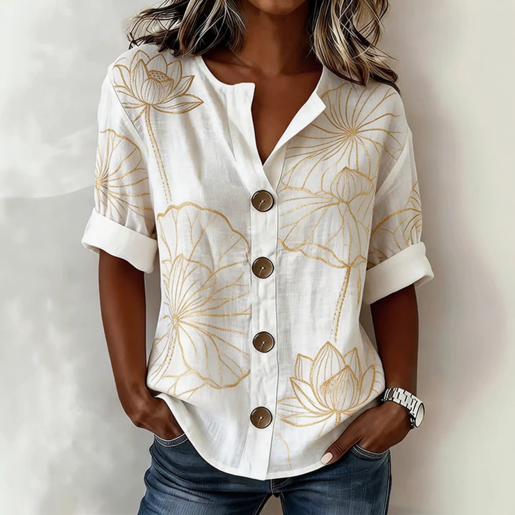 V-Neck Shirt Top mit 3D-Print