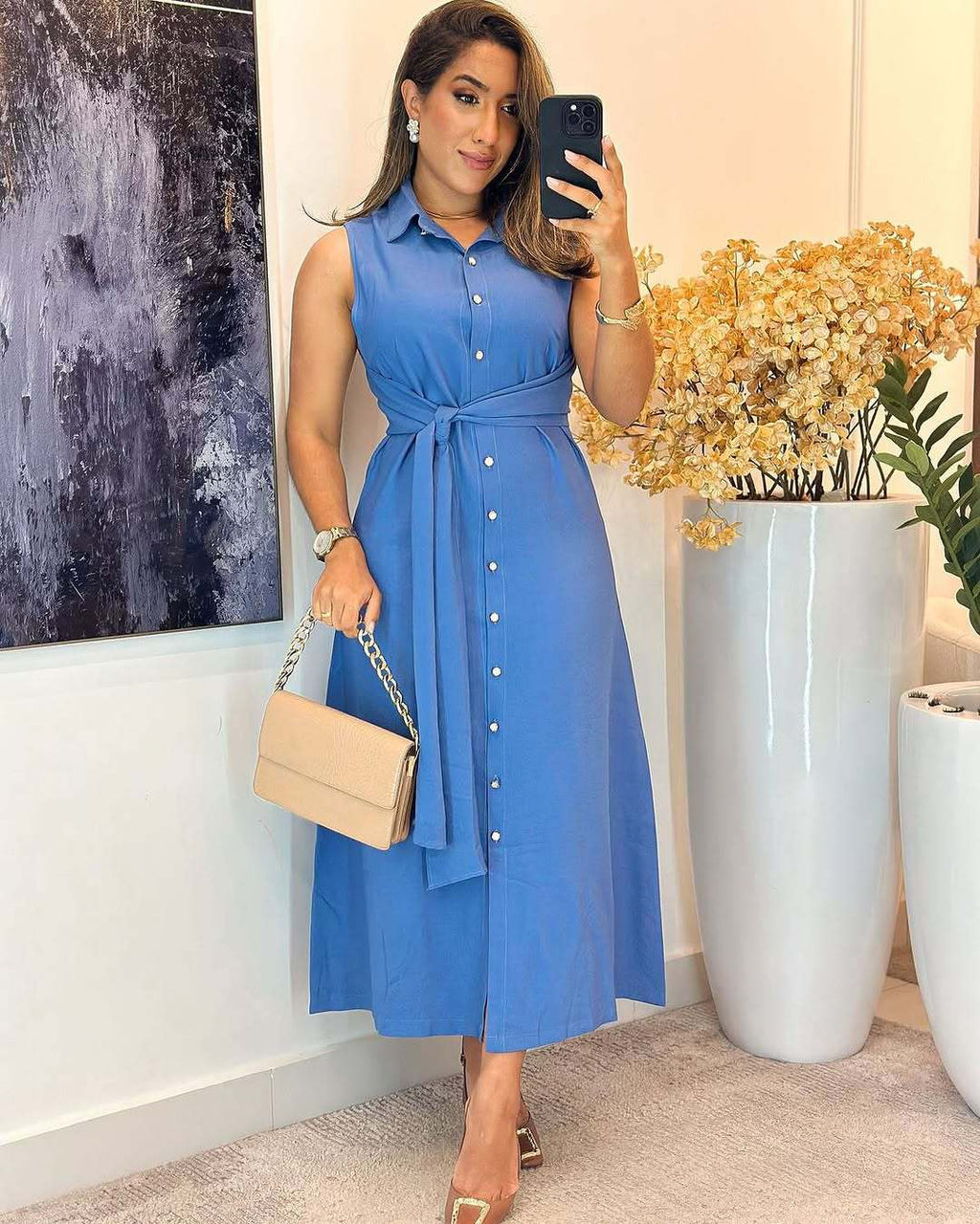 Ärmelloses A-Linien Hemdblusenkleid mit Taillengürtel – Bild 7 | LuxeStyle