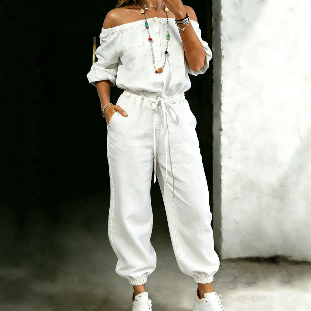 Denim Jumpsuit schulterfrei mit Bindebändern