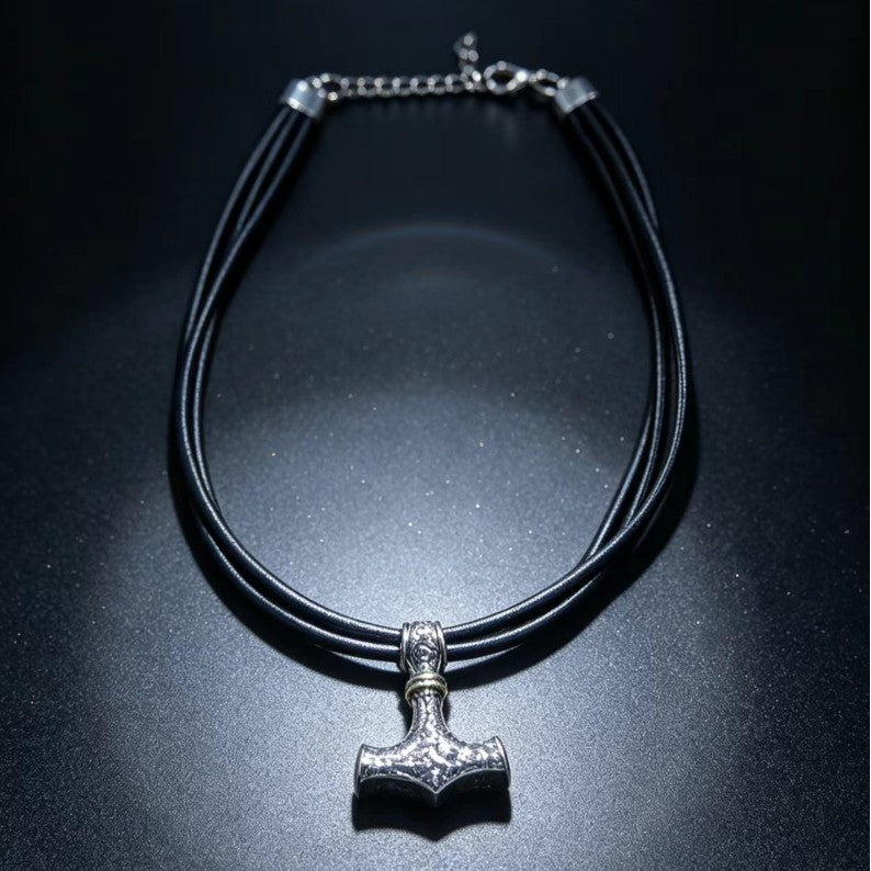 Vintage Nordischer Thors Hammer Anhänger Lederseil Kette