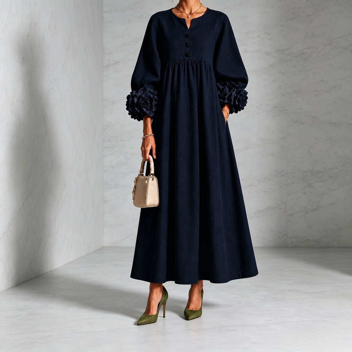 Einfarbiges Damenkleid mit Puffärmel und V-Ausschnitt | LuxeStyle