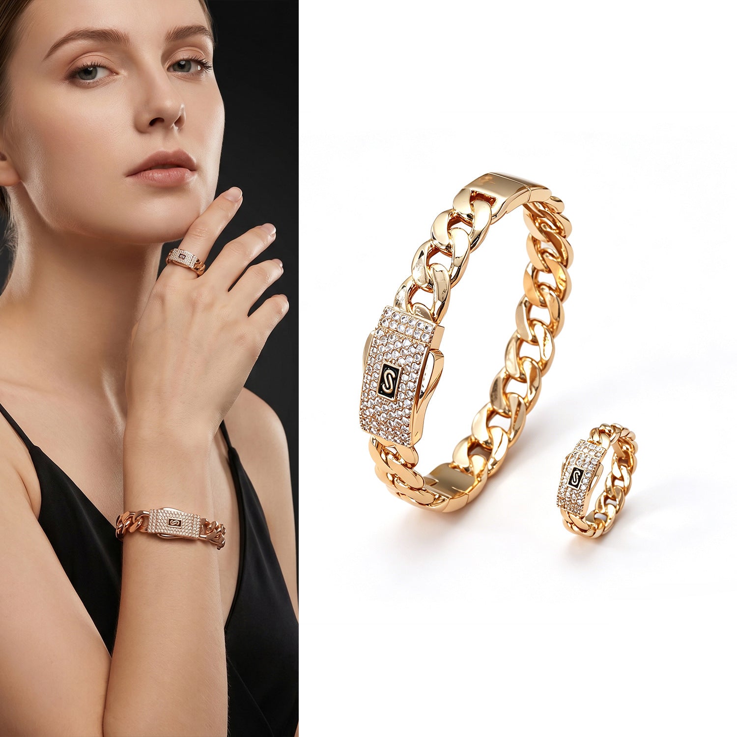 Hip-Hop Armband- und Ring-Set im Cuban-Link-Stil