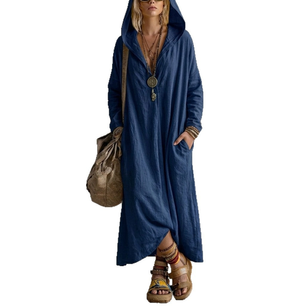 Kapuzen-Leinenkleid mit langen Ärmeln – Bild 3 | LuxeStyle