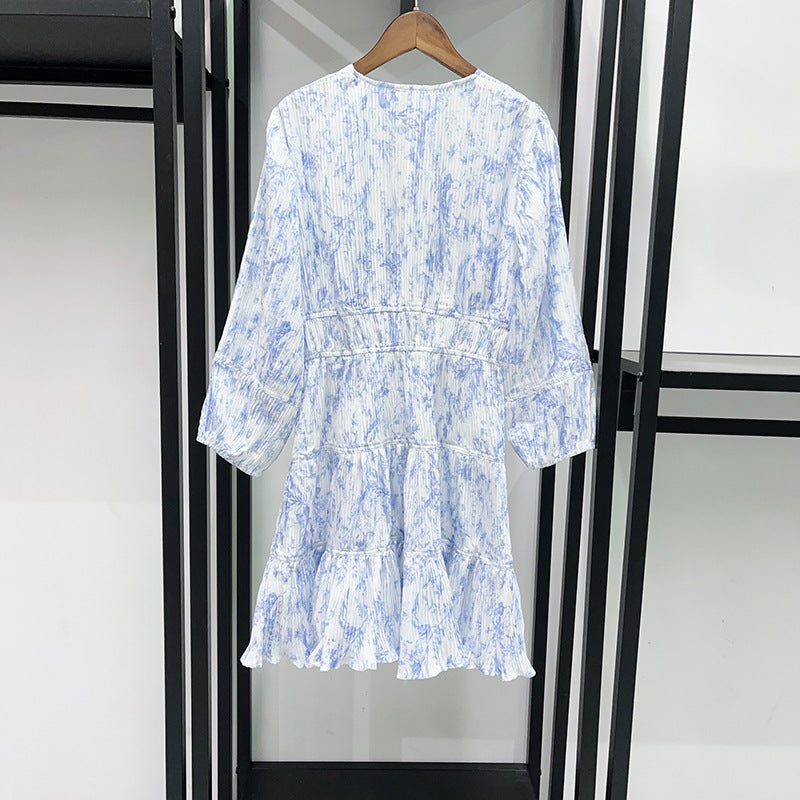 Bedrucktes V-Ausschnitt Kleid mit Puffärmeln – Bild 6 | LuxeStyle