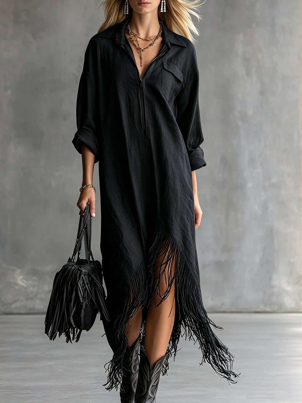 Retro-Fransenkleid mit langen Ärmeln
