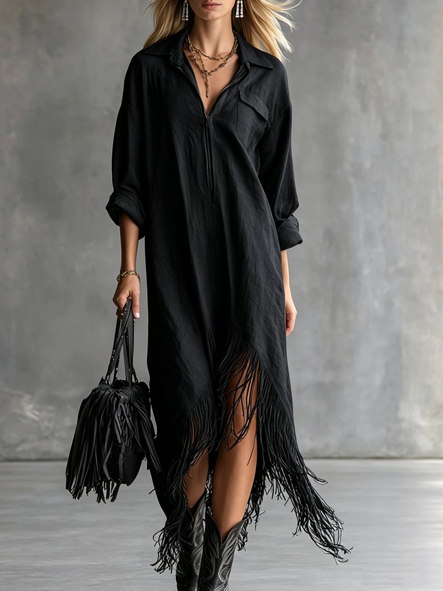 Retro-Fransenkleid mit langen Ärmeln