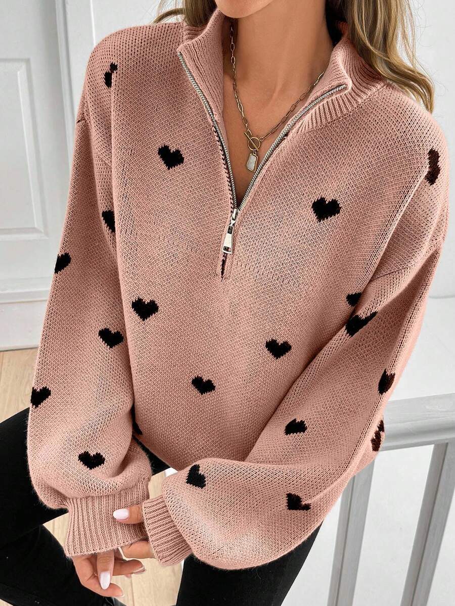 Damen Strickpullover mit Herzmuster-Reissverschluss